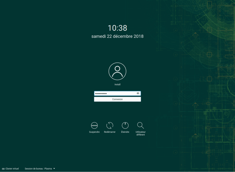Vista del SDDM en openSUSE con un fonto verde con algunas líneas trazando dibujos esquemáticos en el lado derecho. En el centro muestra la hora y fecha, la cuenta usuaria y un cuadro de texto para la clave. Justo debajo hay opciones para apagar, reiniciar,, suspender y buscar otras cuentas usuarias