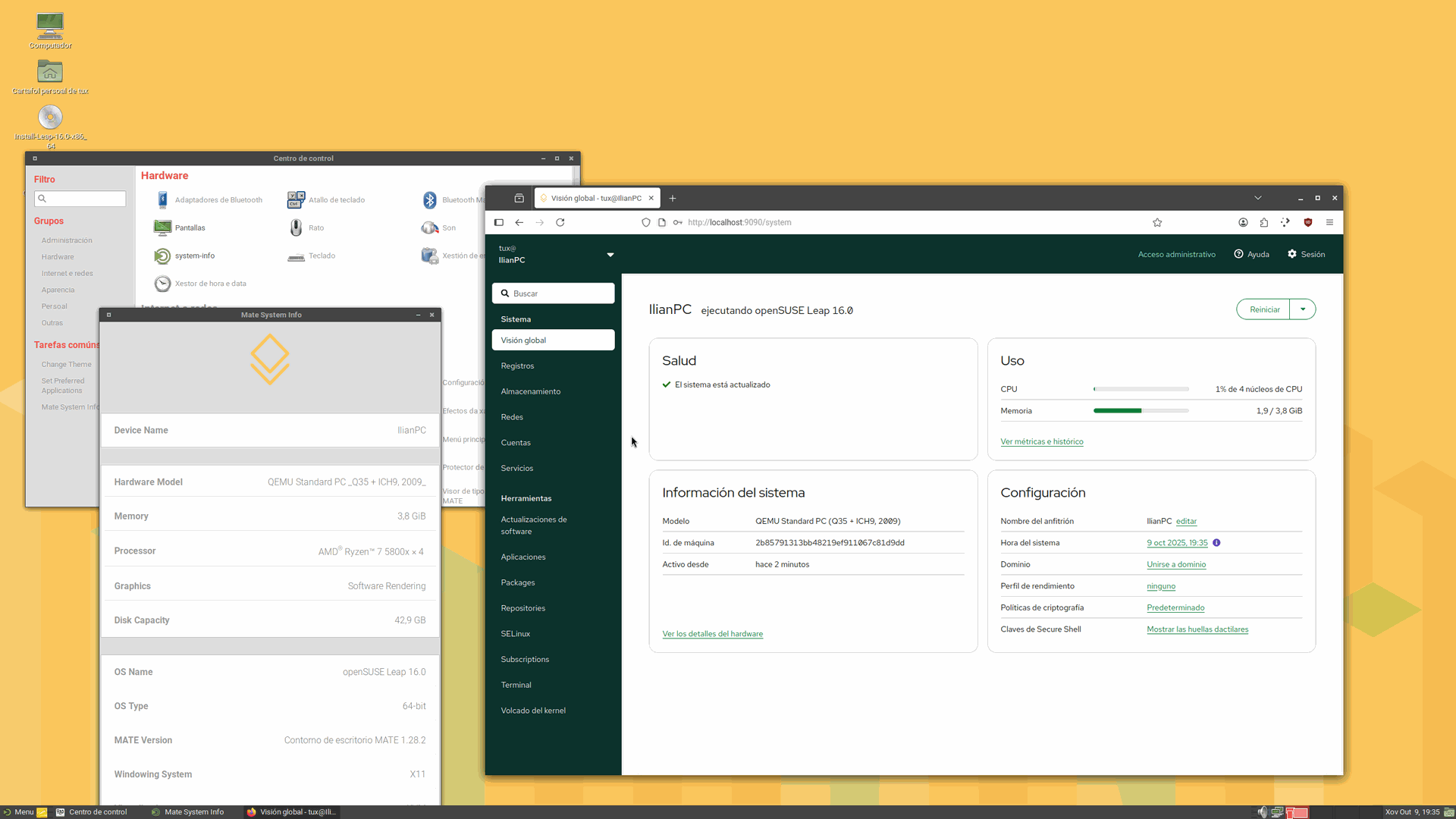 Vista de algunas aplicaciones en el escritorio Mate en Leap 16.0
